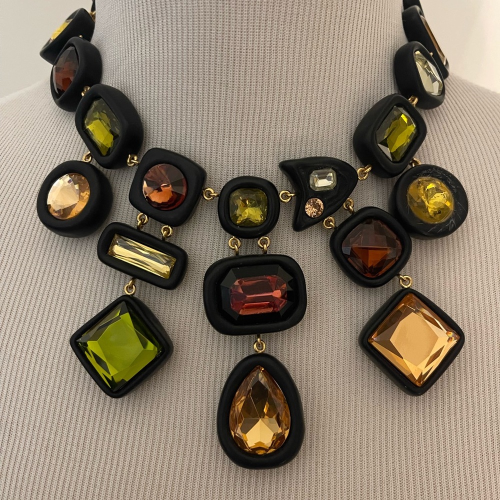 Tory Burch Roxanne Crystal Bib Necklace in Rolled Brass /Black /Multi